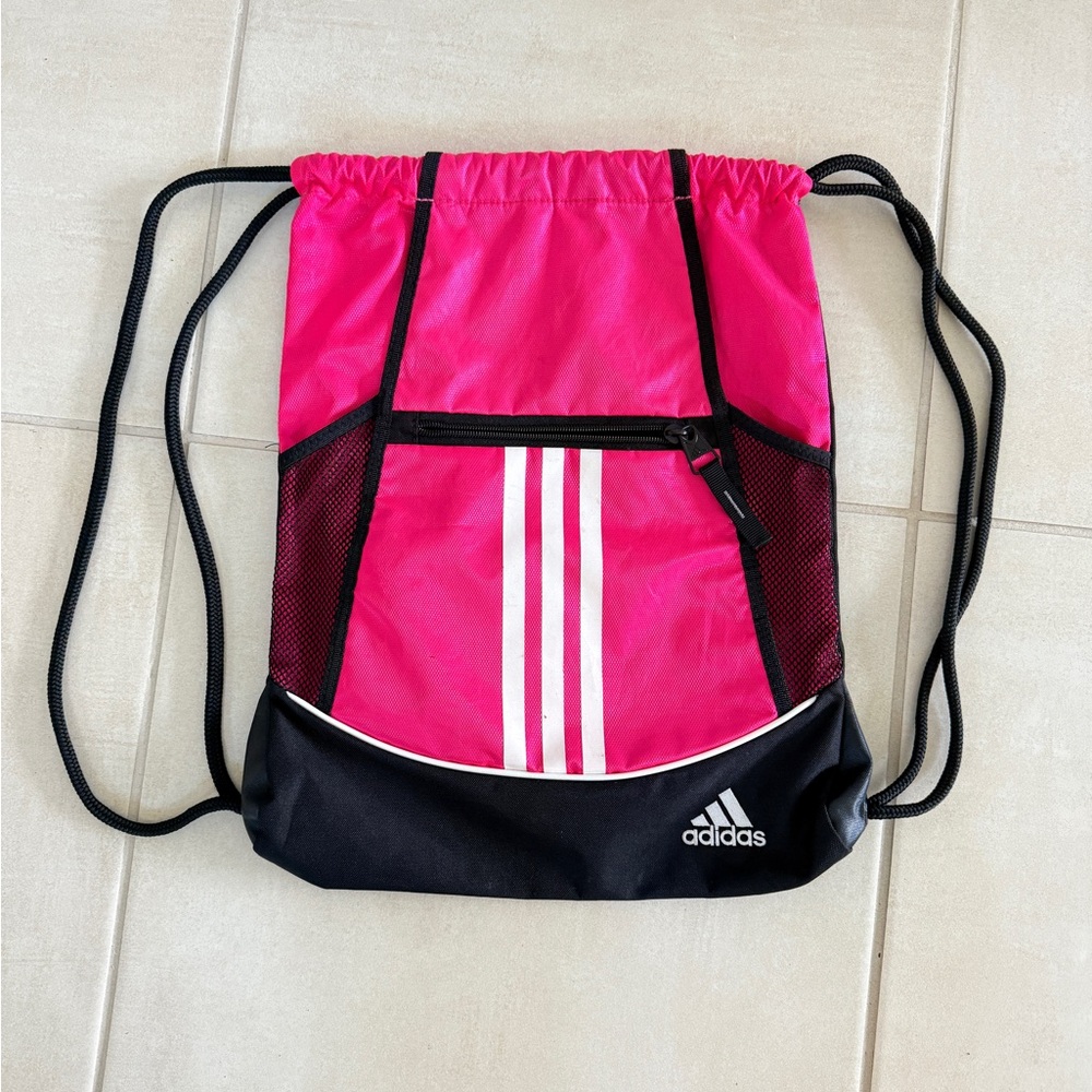 Adidas Pink and Black Backpack with Signature Stripes